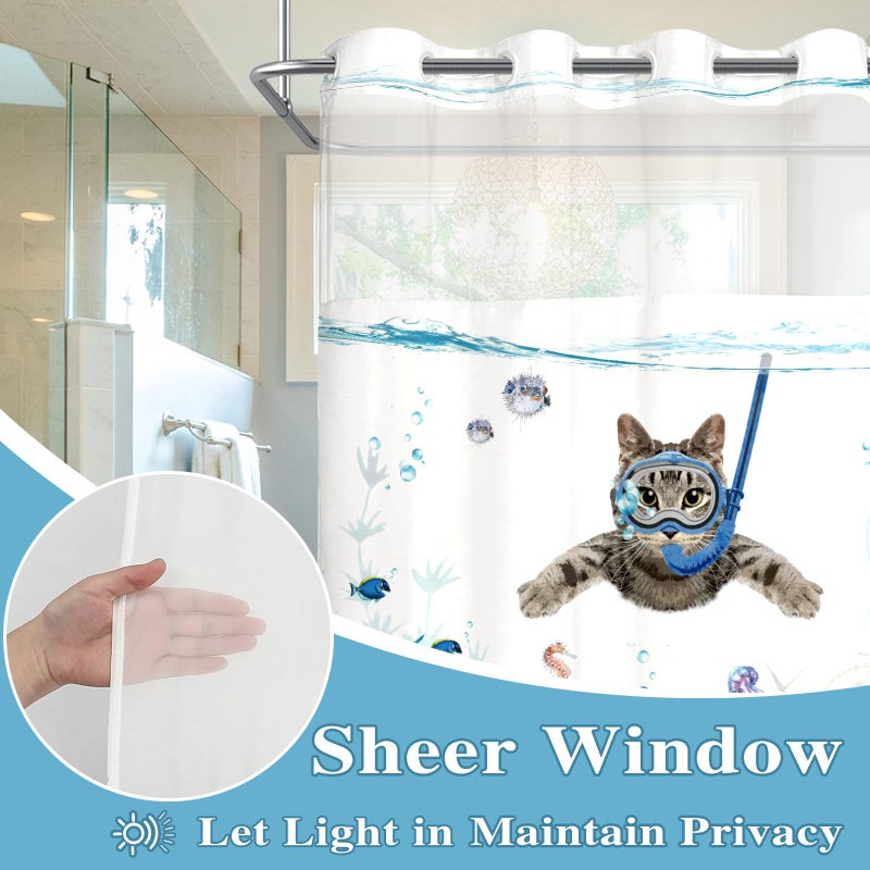 Fowocu No Hook Shower Curtain with Snap in Liner Funny Cat Nautical Shower Curtains for Bathroom Teal Blue Sea Ocean Octopus Starfish Turtle Anchor Fish Waterproof Fabric Bath Curtain Decor 71  74In - Image 2